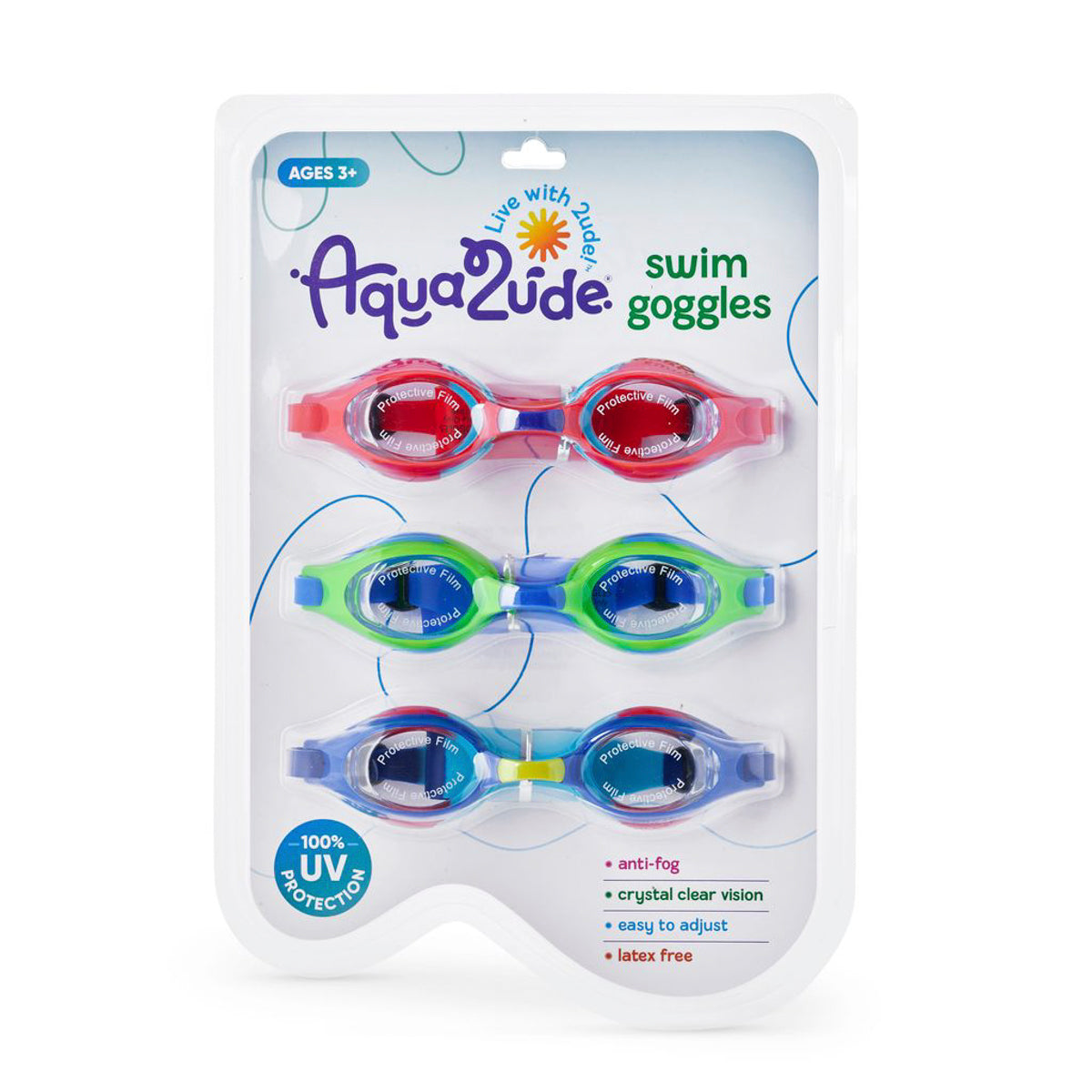 product image of pool party boys swim goggles three pack featuring colorways in red, green and blue