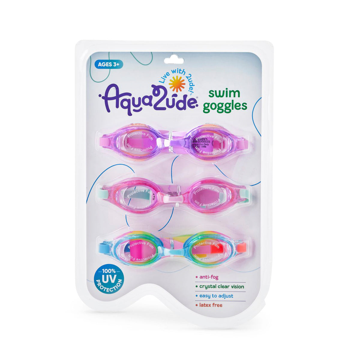 product image showing pool party girls' swim goggles three pack featuring a purple, pink and rainbow glitter swim goggle set