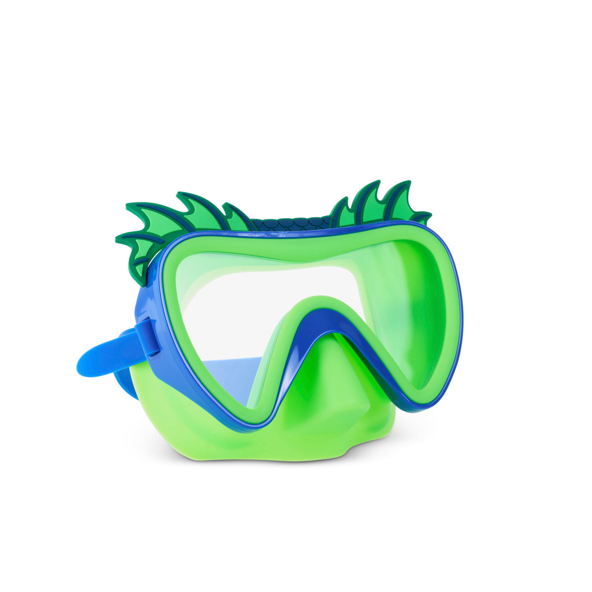 angled product shot of creature green kids' swim mask showing green nose piece, blue frame and strap, silicone green fins and a dragon inspired texture above frame