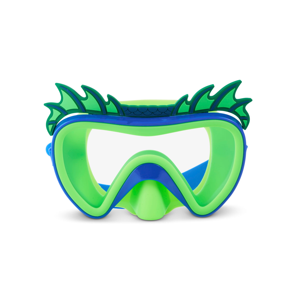 front product shot of creature green kids' swim mask showing green nose piece, blue frame and strap, silicone green fins and a dragon inspired texture above frame