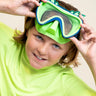 kids posing and smiling wearing creature green kids' swim mask showing green nose piece and blue colors and silicone fins 