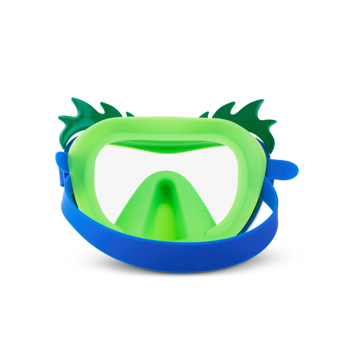 back product shot of creature green kids' swim mask showing green gasket and blue strap