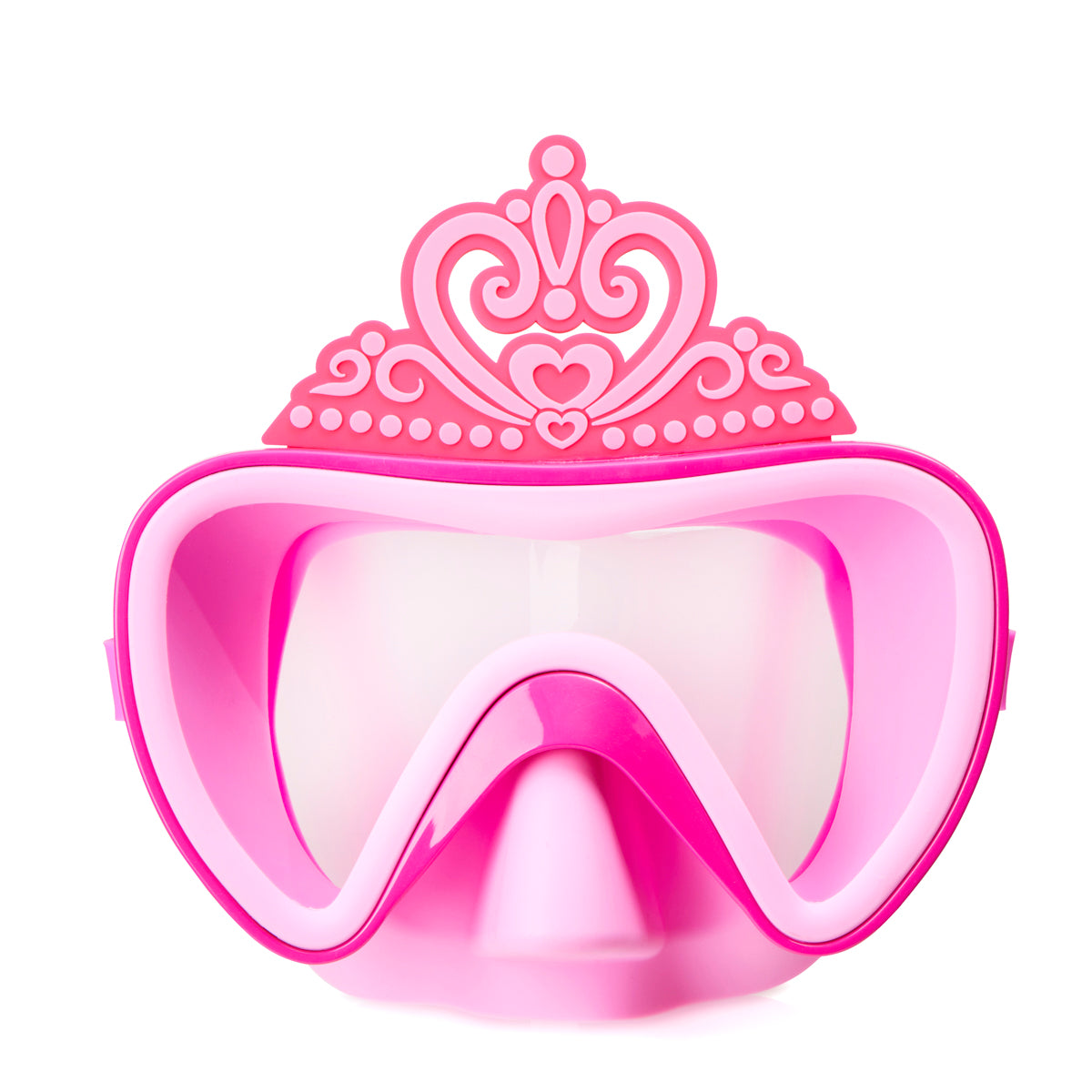 front angled product shot of pink crown kids' swim mask featuring a silicone crown above the frame, a hot pink frame and light pink gasket and nose covering