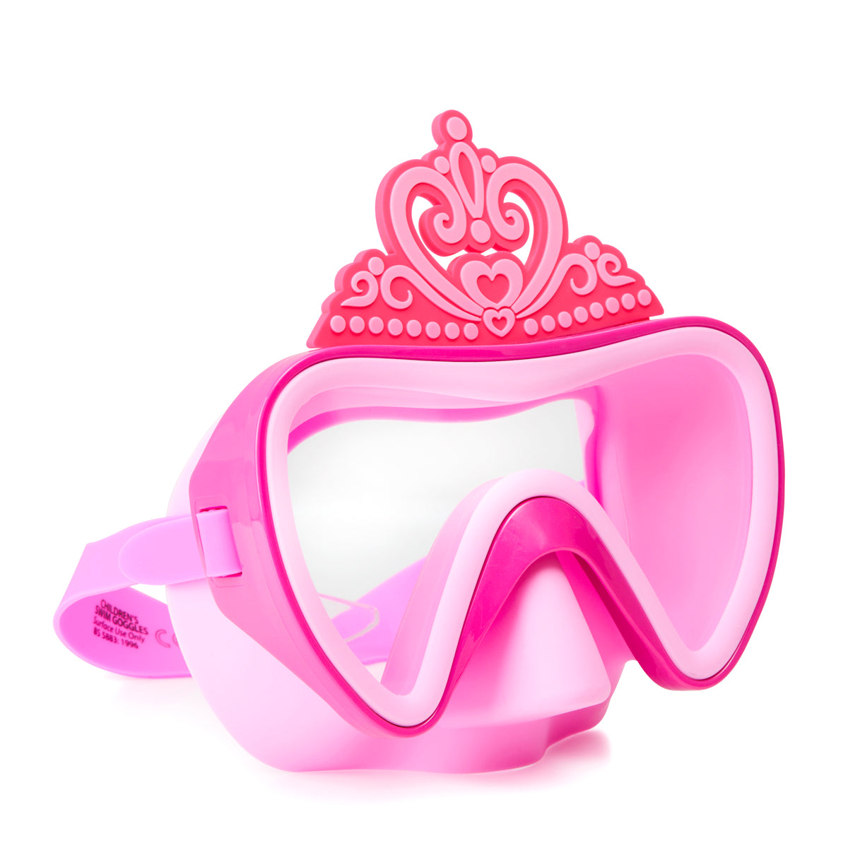 angled product shot of pink crown kids' swim mask featuring a silicone crown above the frame, a hot pink frame and light pink gasket and nose covering