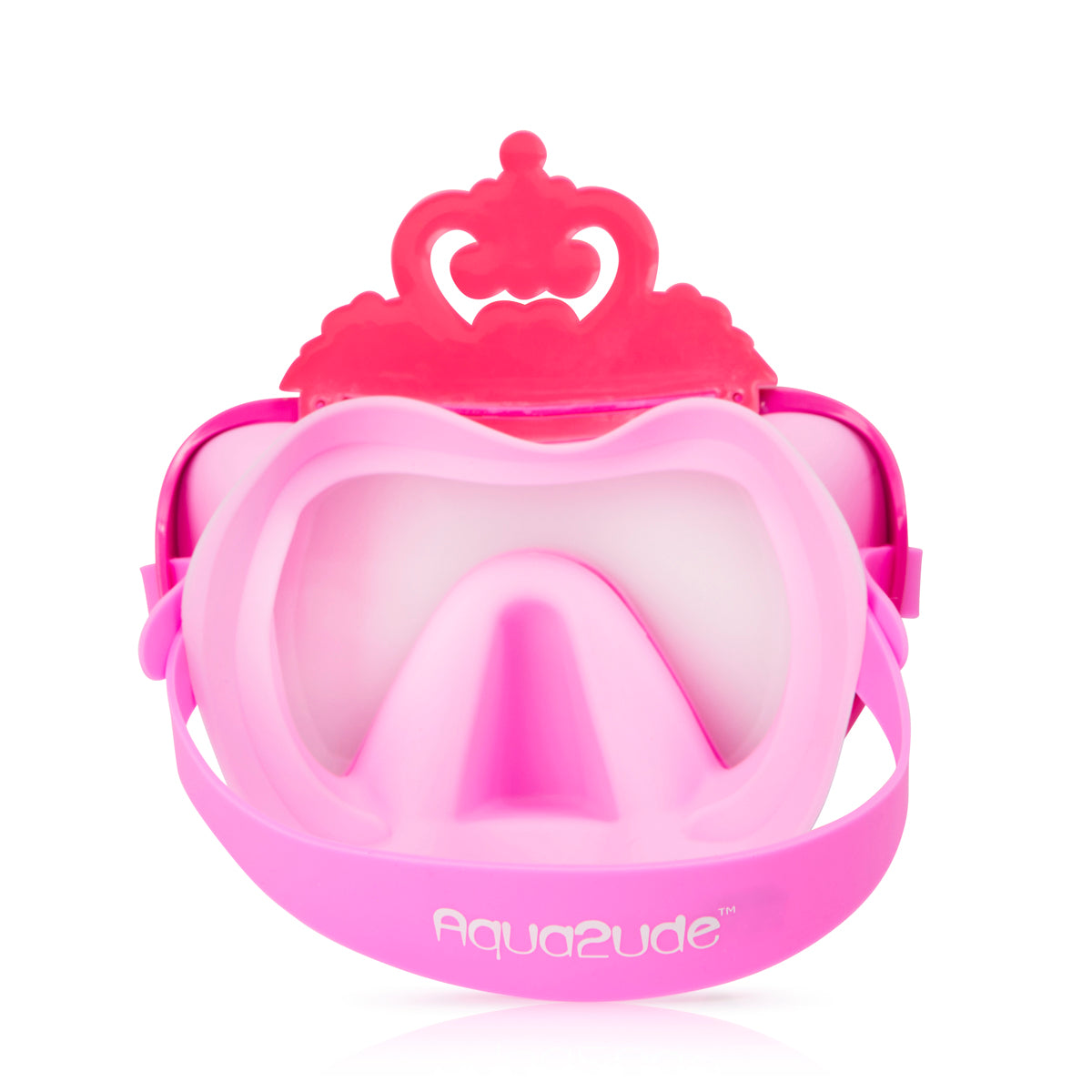 back angled product shot of pink crown kids' swim mask featuring a silicone crown above the frame, a hot pink frame and light pink gasket and bright pink strap