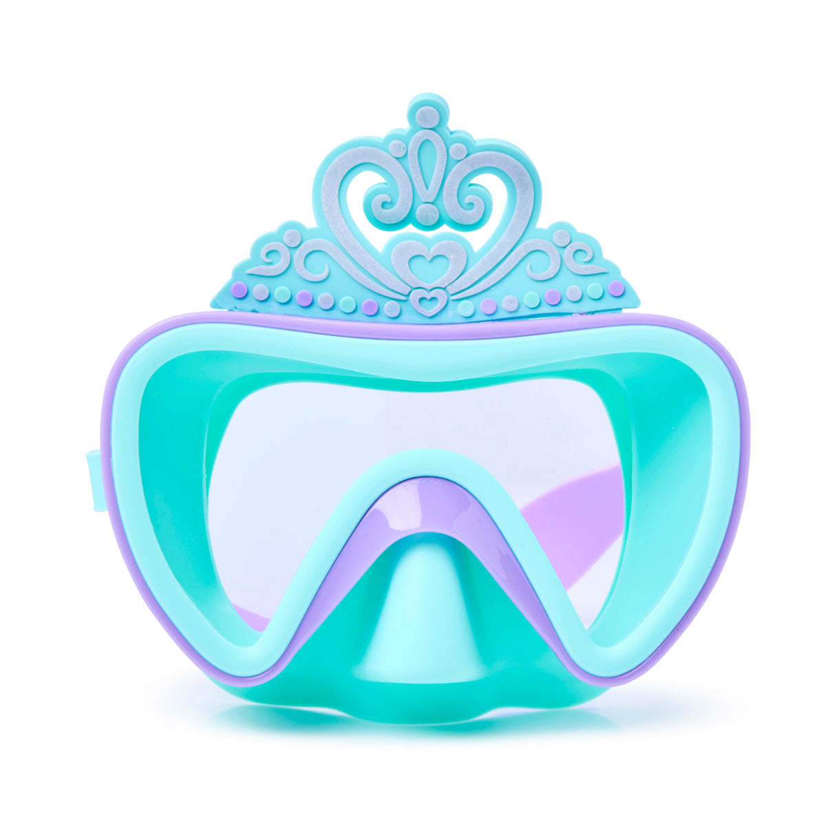 front angle product shot of turquoise crown kids' swim mask. swim mask showing silicone princess crown above purple frame and a light blue gasket and nose covering