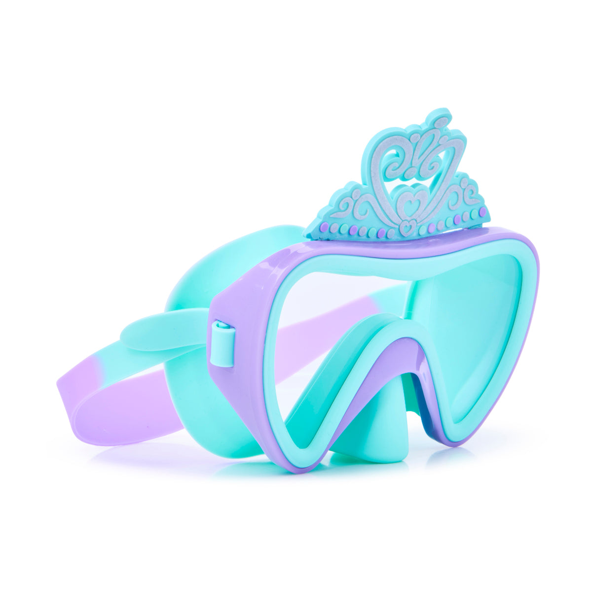 angled product shot of turquoise crown kids' swim mask. swim mask showing silicone princess crown above purple frame and a light blue gasket and nose covering