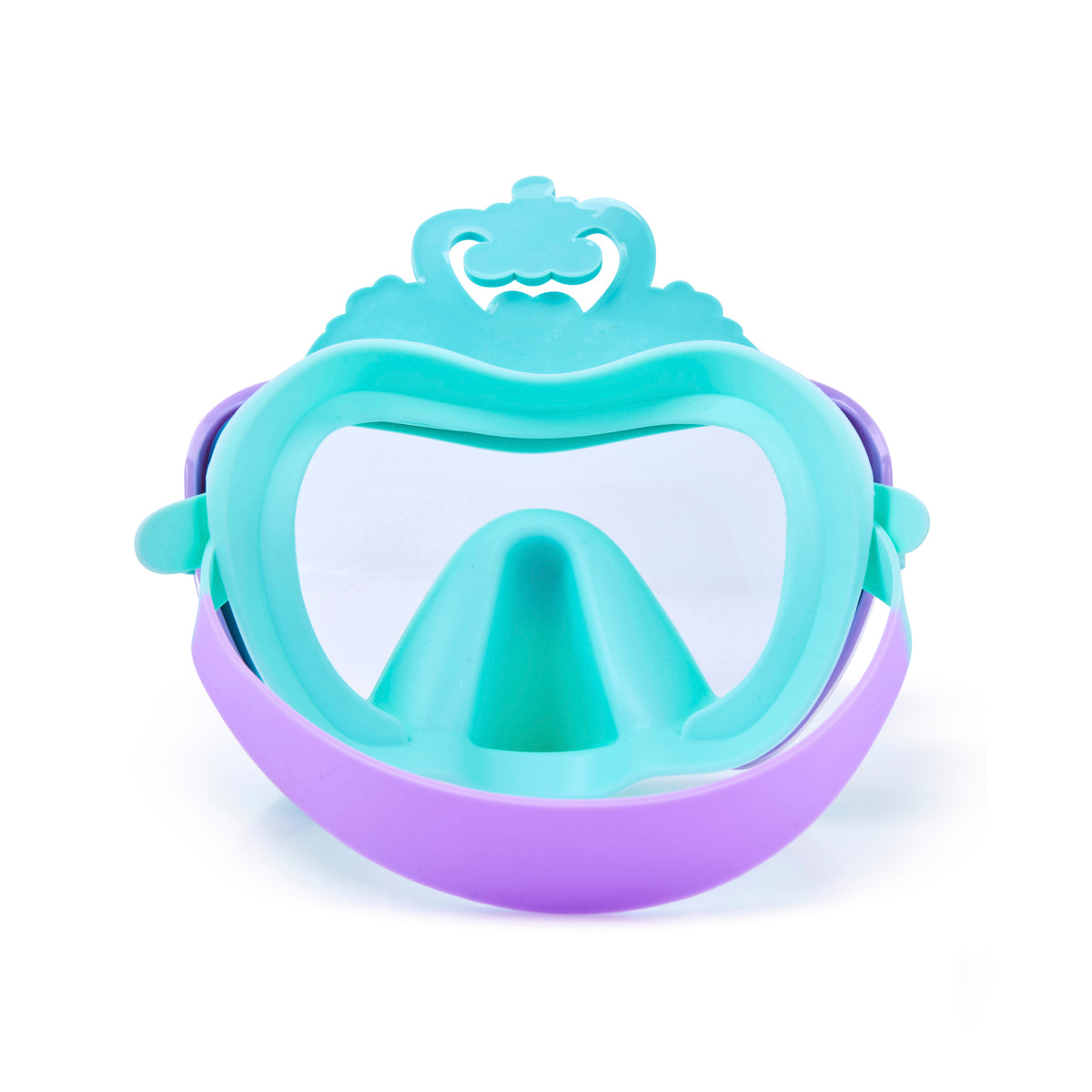 back angle product shot of turquoise crown kids' swim mask showing light blue gasket and purple strap