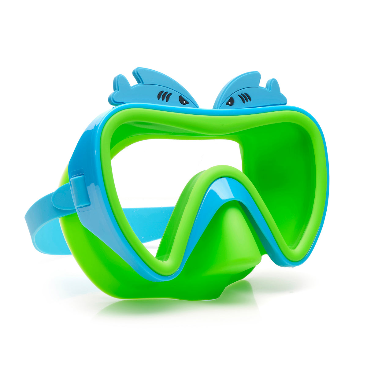 angled product shot of blue fish kids' swim mask featuring a green gasket and nose piece with a blue frame and two blue silicone fish above the frame