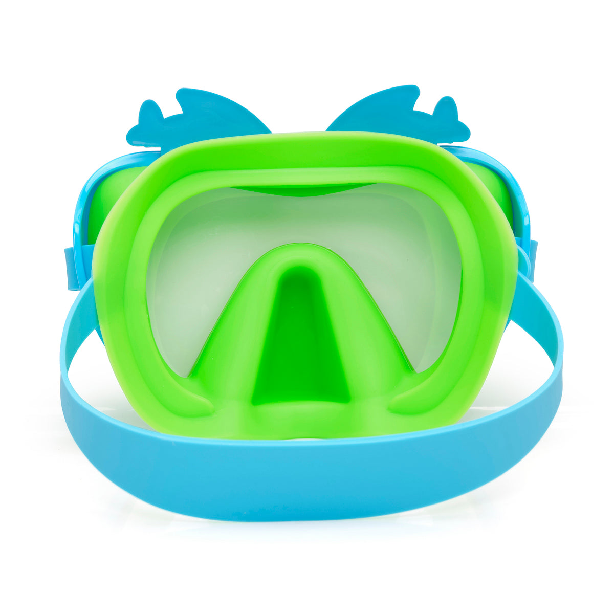 back product shot of blue fish kids' swim mask featuring a green gasket and nose piece with a blue frame and strap