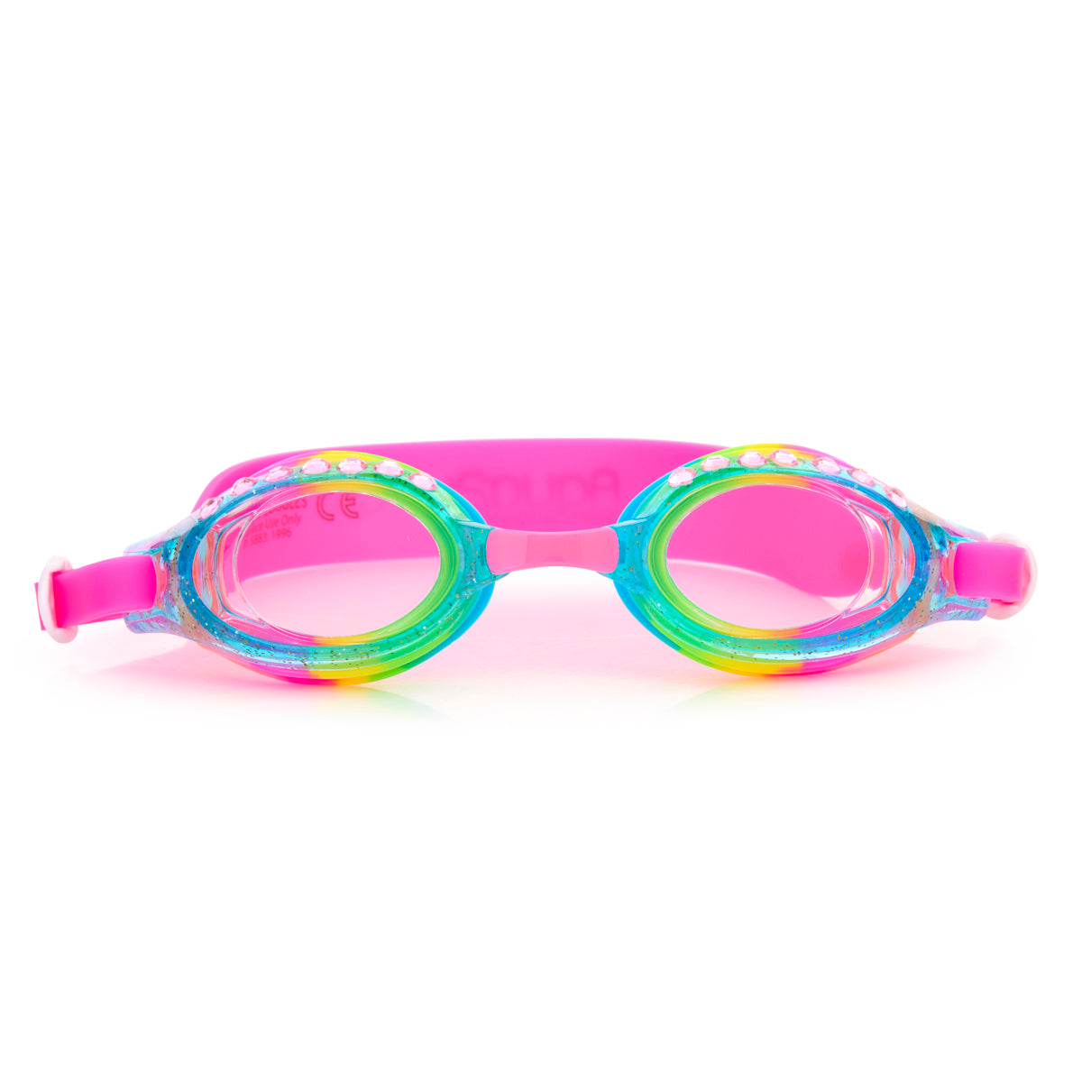 front angled product shot of rainbow rhinestone kids swim goggles featuring a rainbow colorway with a blue glittering frame, pink nose piece and pink rhinestones