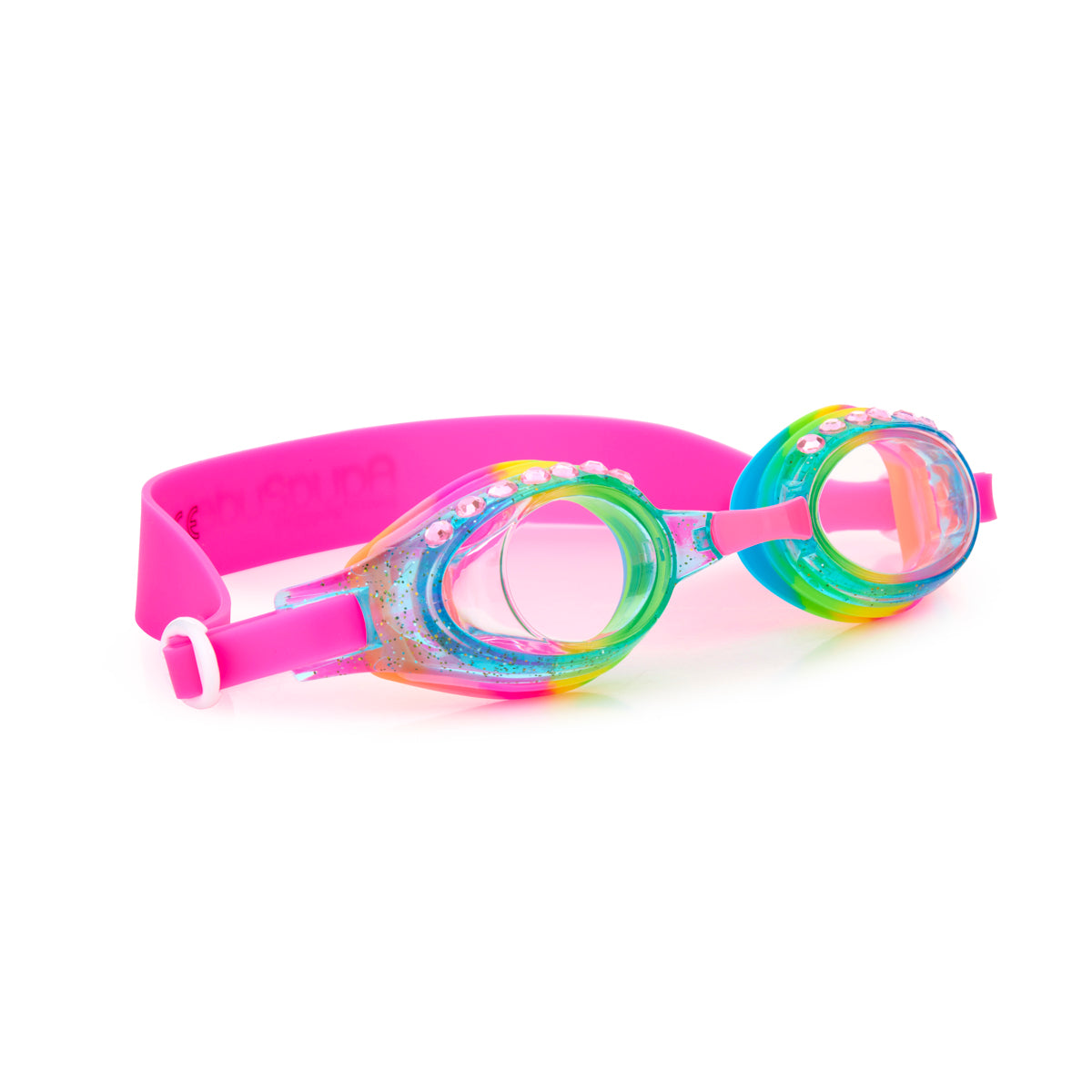 angled product shot of rainbow rhinestone kids swim goggles featuring a rainbow colorway with a blue glittering frame, pink nose piece and pink rhinestones