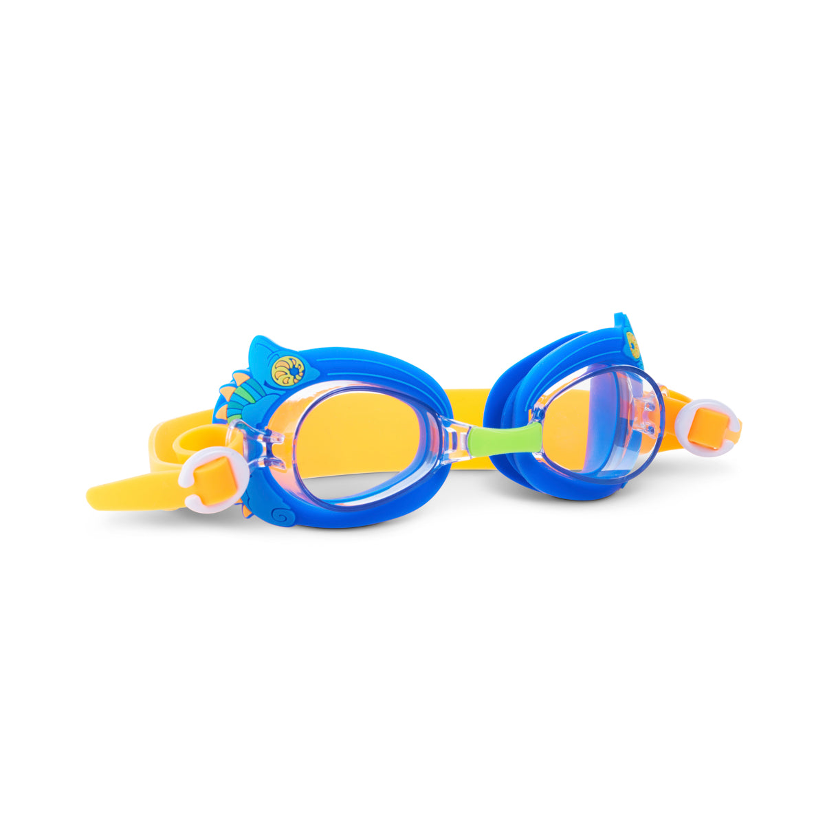 angled product shot of mini chameleon kids swim goggles featuring a blue frame with silicone chameleon decorations wrapping the frame and a lime green nose piece