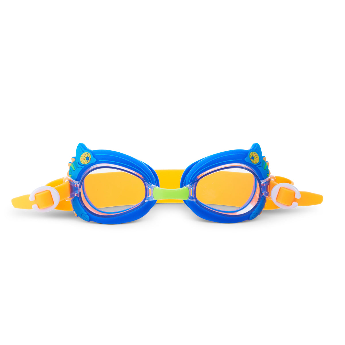 front angled product shot of mini chameleon kids swim goggles featuring a blue frame with silicone chameleon decorations wrapping the frame and a lime green nose piece