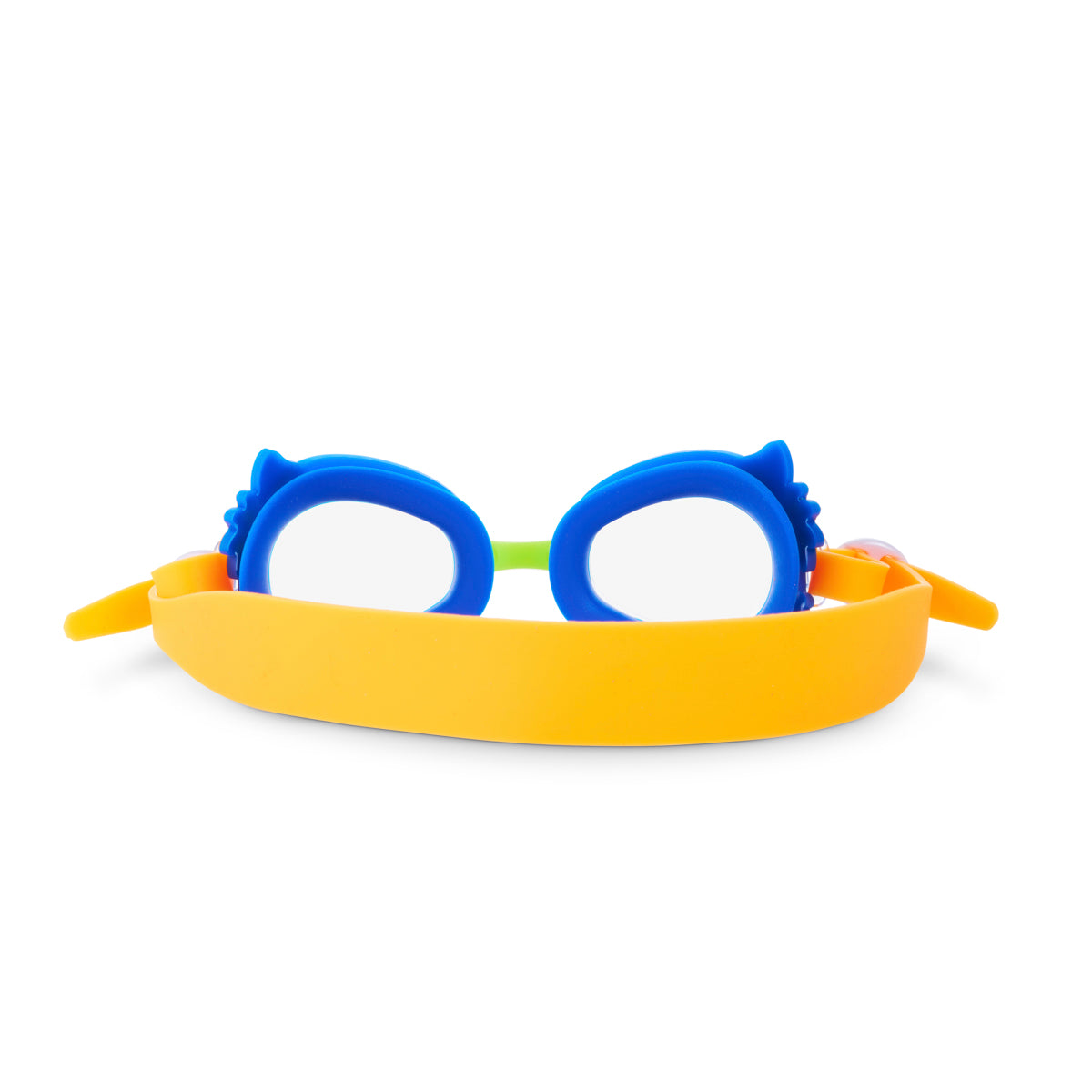 back angled product shot of mini chameleon kids swim goggles featuring a blue frame with silicone chameleon decorations wrapping the frame and an orange strap