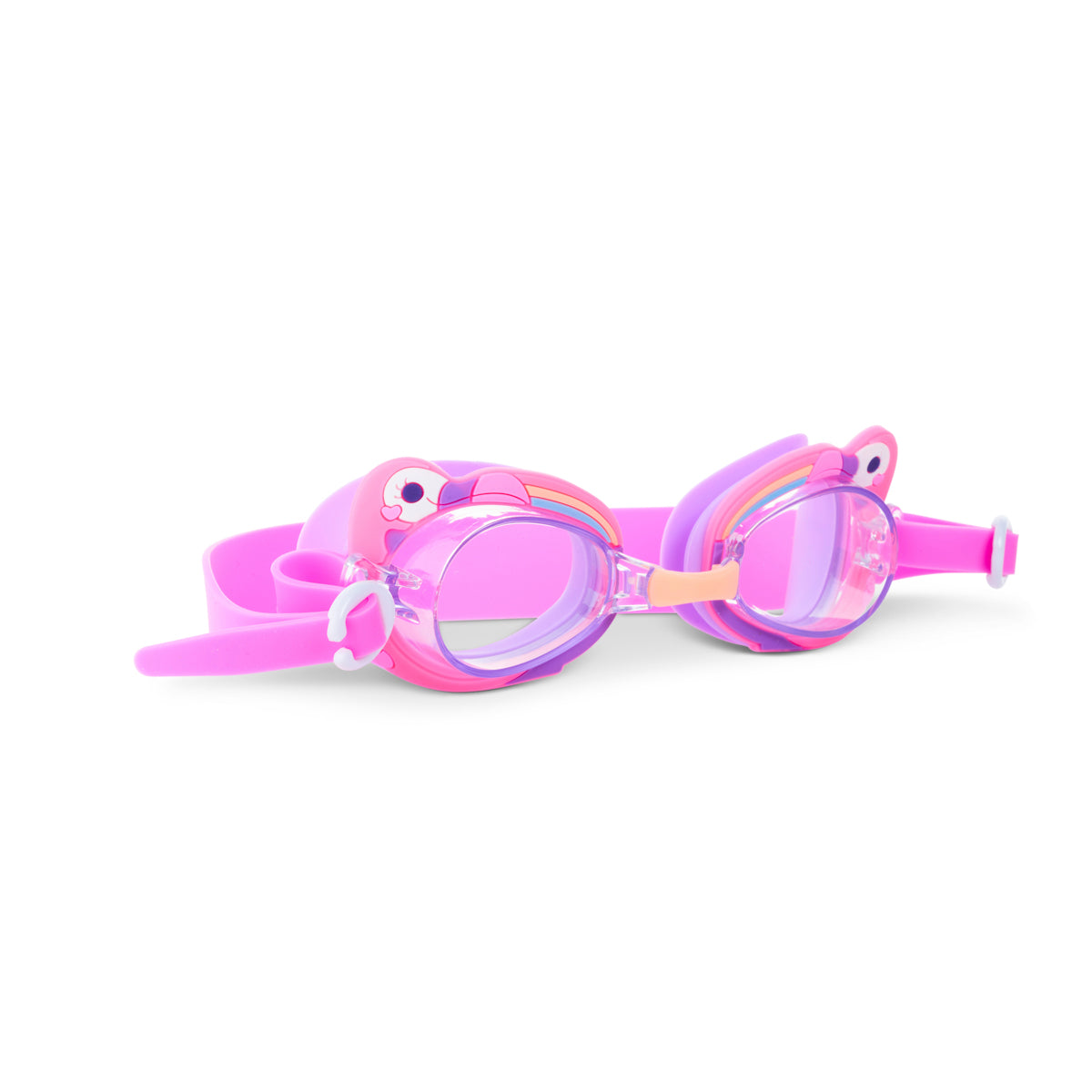 angled product shot of mini flamingo kids' swim goggles featuring a purple and pink colorway with a flamingo decoration wrapping around the frame with a peach colored nose piece 