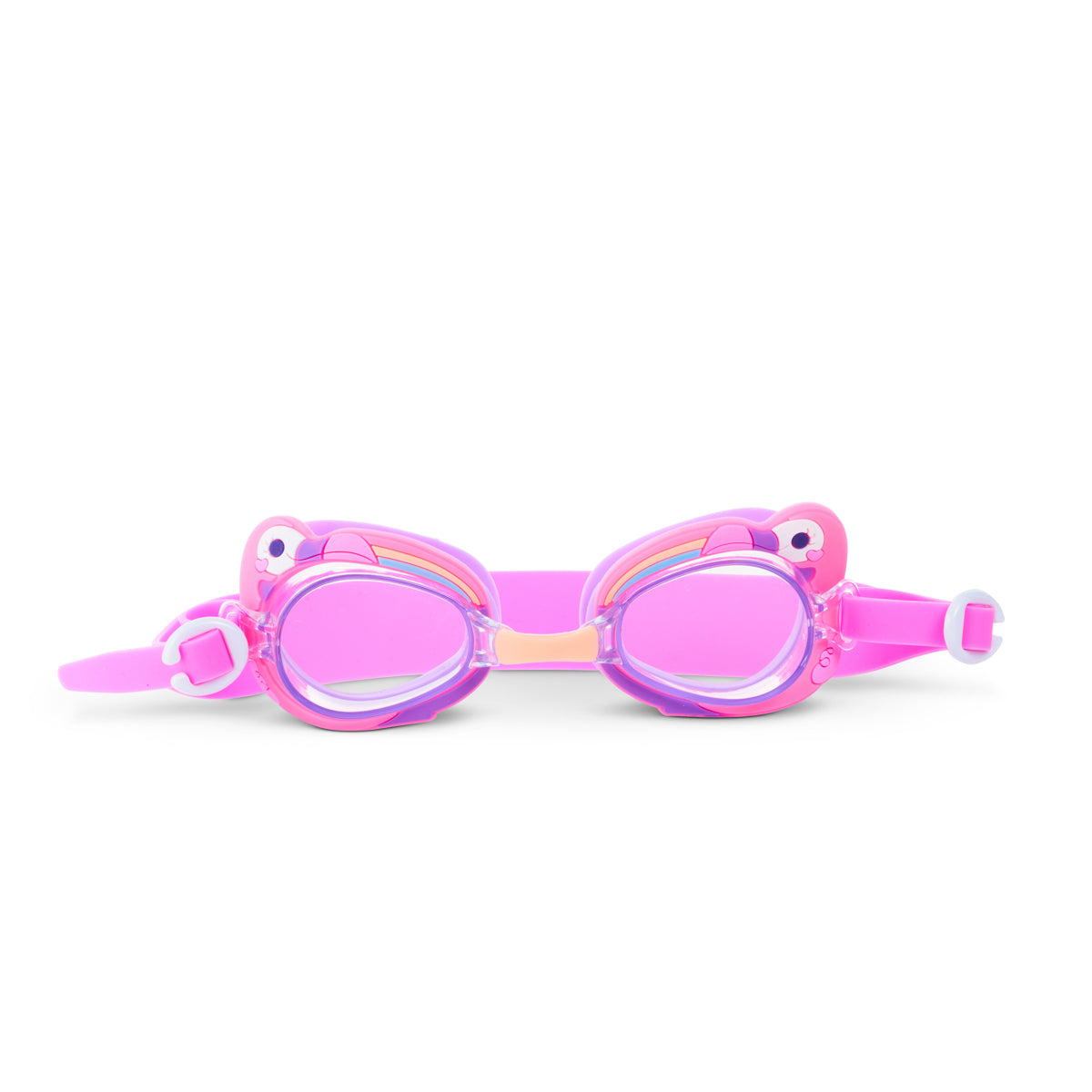 front angled product shot of mini flamingo kids' swim goggles featuring a purple and pink colorway with a flamingo decoration wrapping around the frame with a peach colored nose piece 