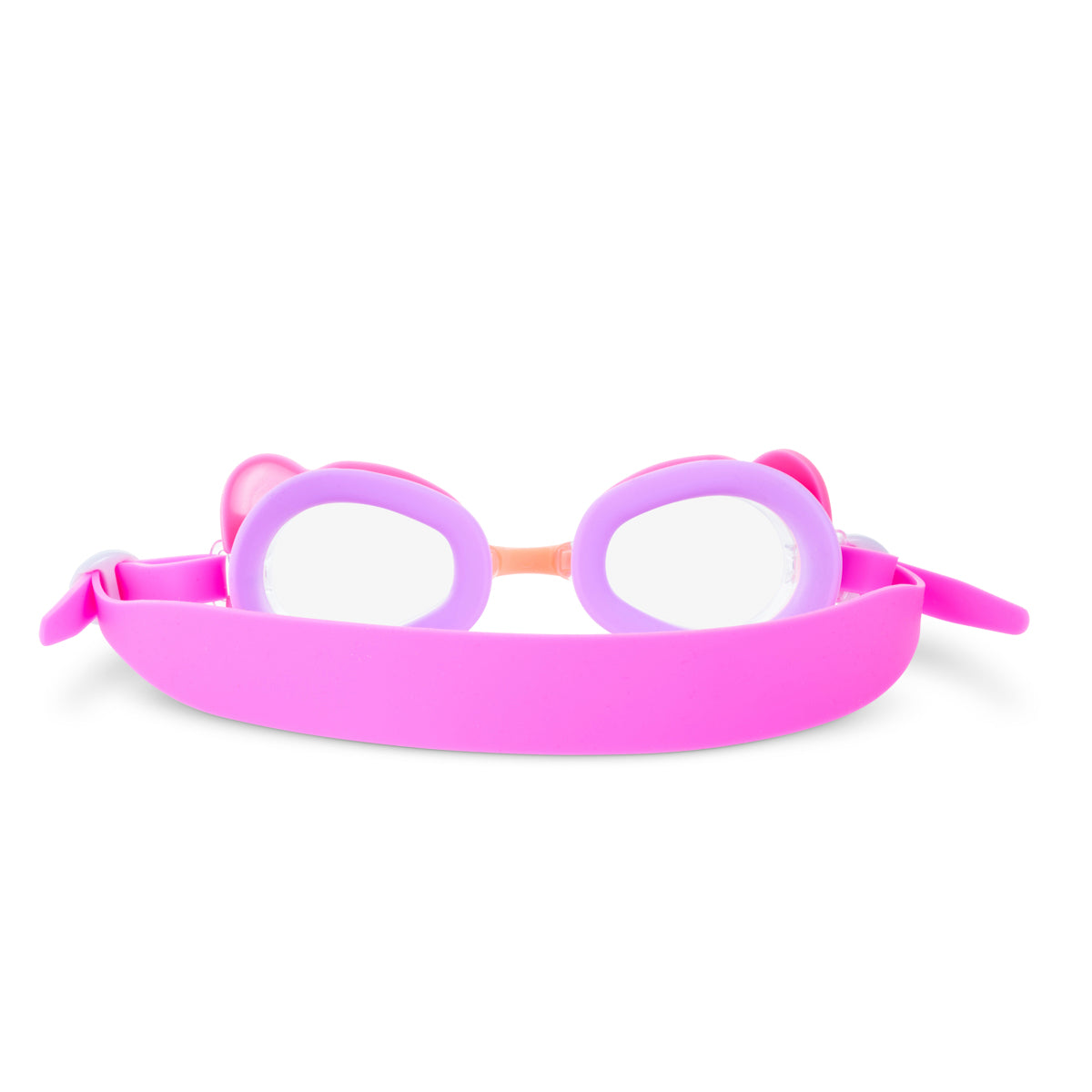 back angled product shot of mini flamingo kids' swim goggles featuring pink strap and purple gasket