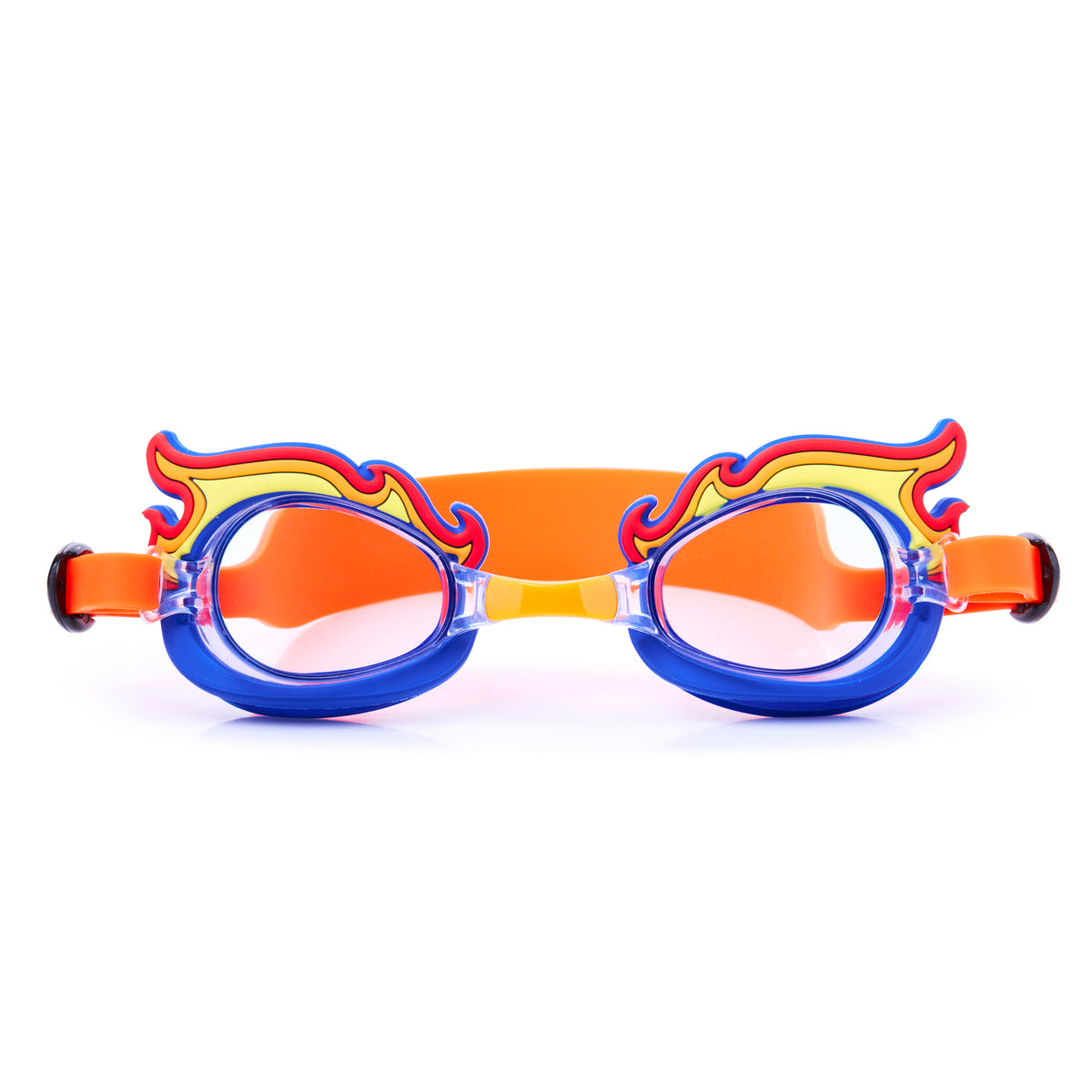 front angled product shot of mini flame kids swim goggles showing silicone flame detail on a blue swim goggles with an orange strap and nose piece