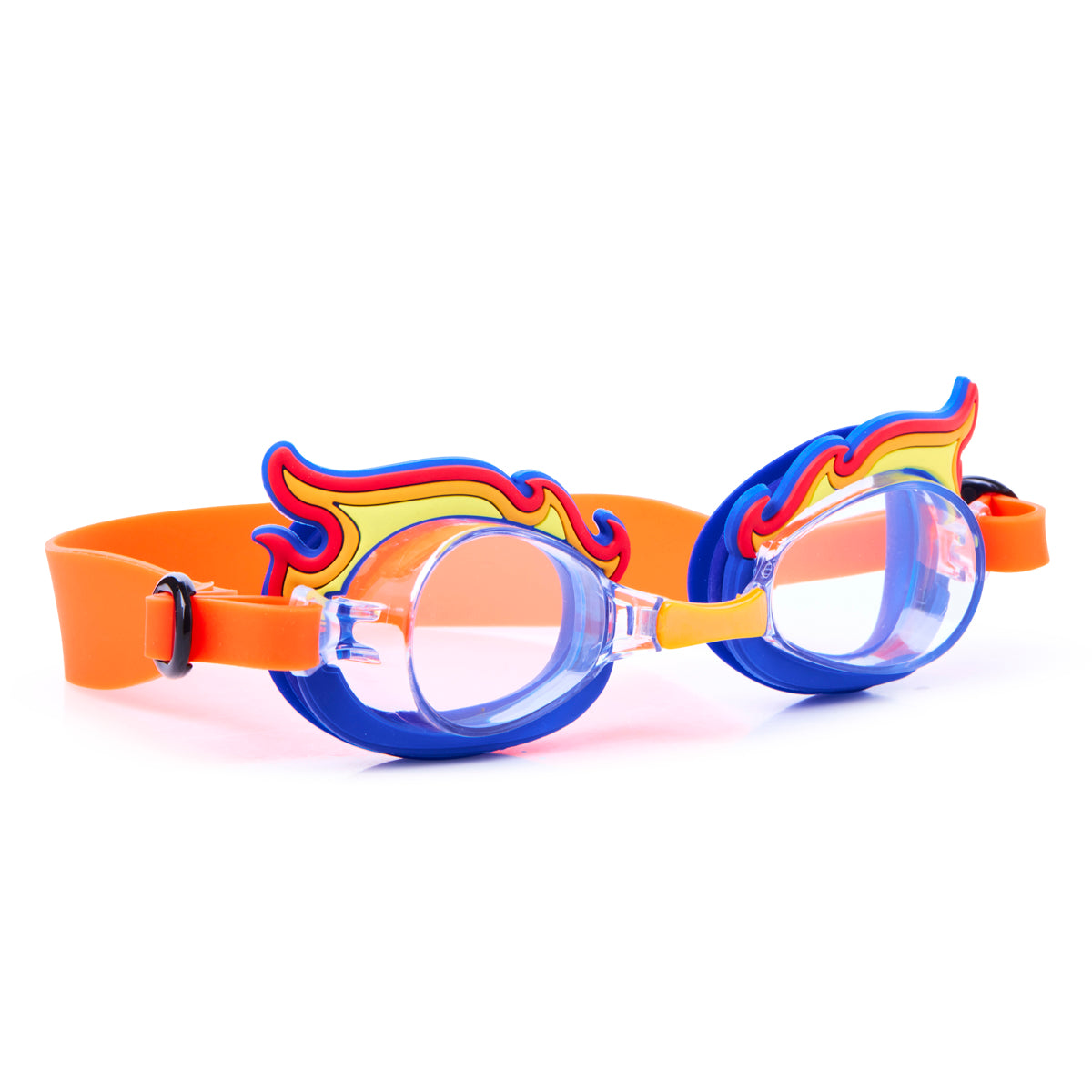 angled product shot of mini flame kids swim goggles showing silicone flame detail on a blue swim goggles with an orange strap and nose piece