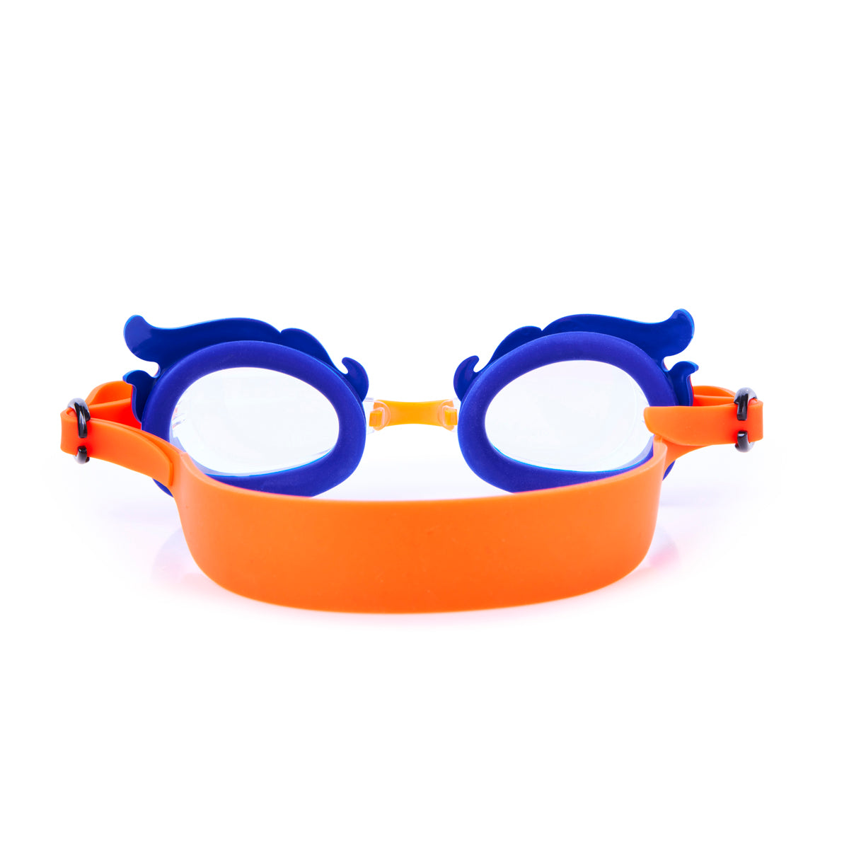 back angled product shot of mini flame kids swim goggles showing silicone flame detail on a blue swim goggles with an orange strap and nose piece