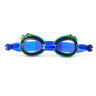 front angled product shot of mini gamer kids' swim goggles showing a blue colorway swim goggle and gaming controller buttons wrapped around the frame with a lime green outline