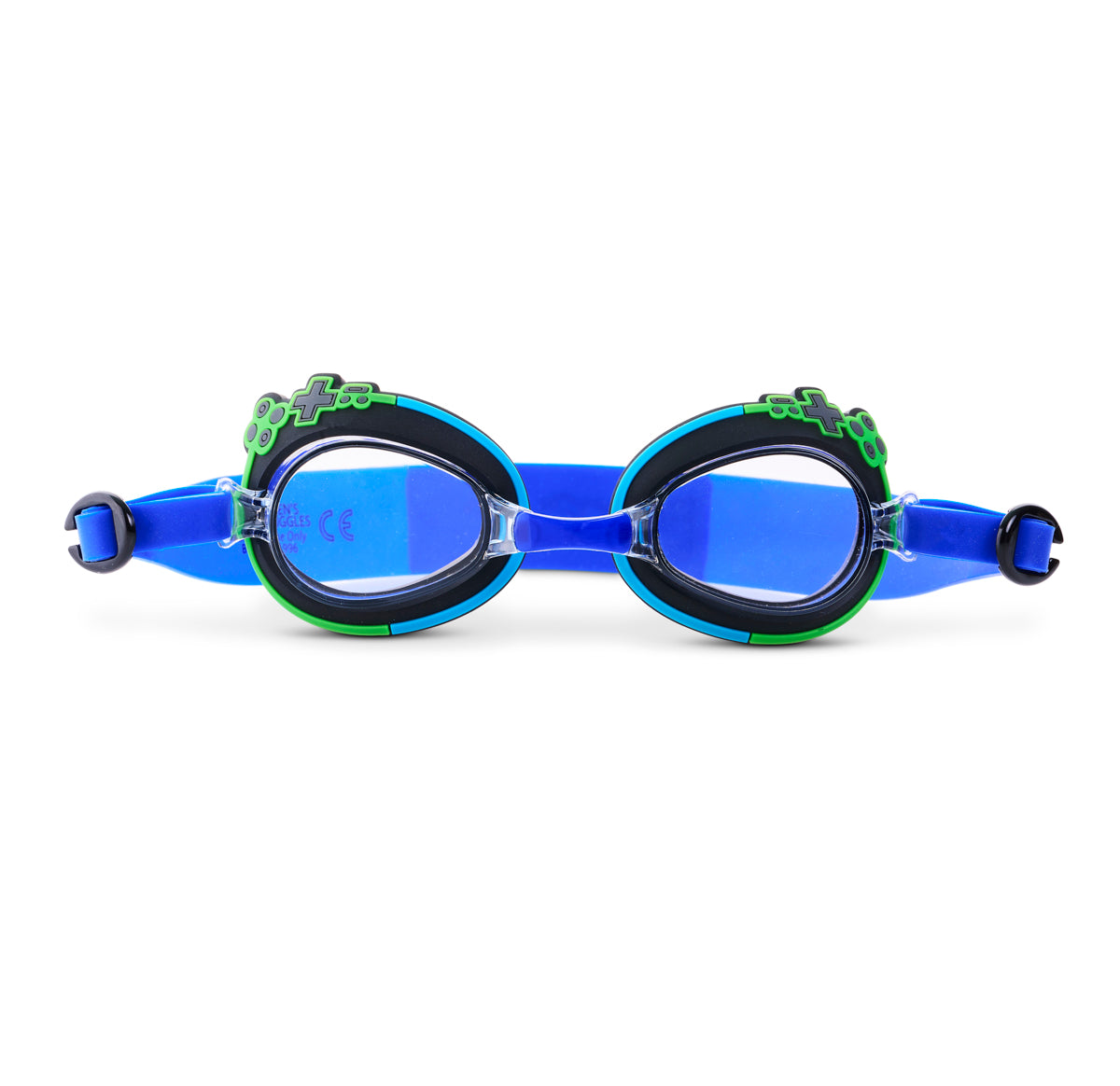 front angled product shot of mini gamer kids' swim goggles showing a blue colorway swim goggle and gaming controller buttons wrapped around the frame with a lime green outline