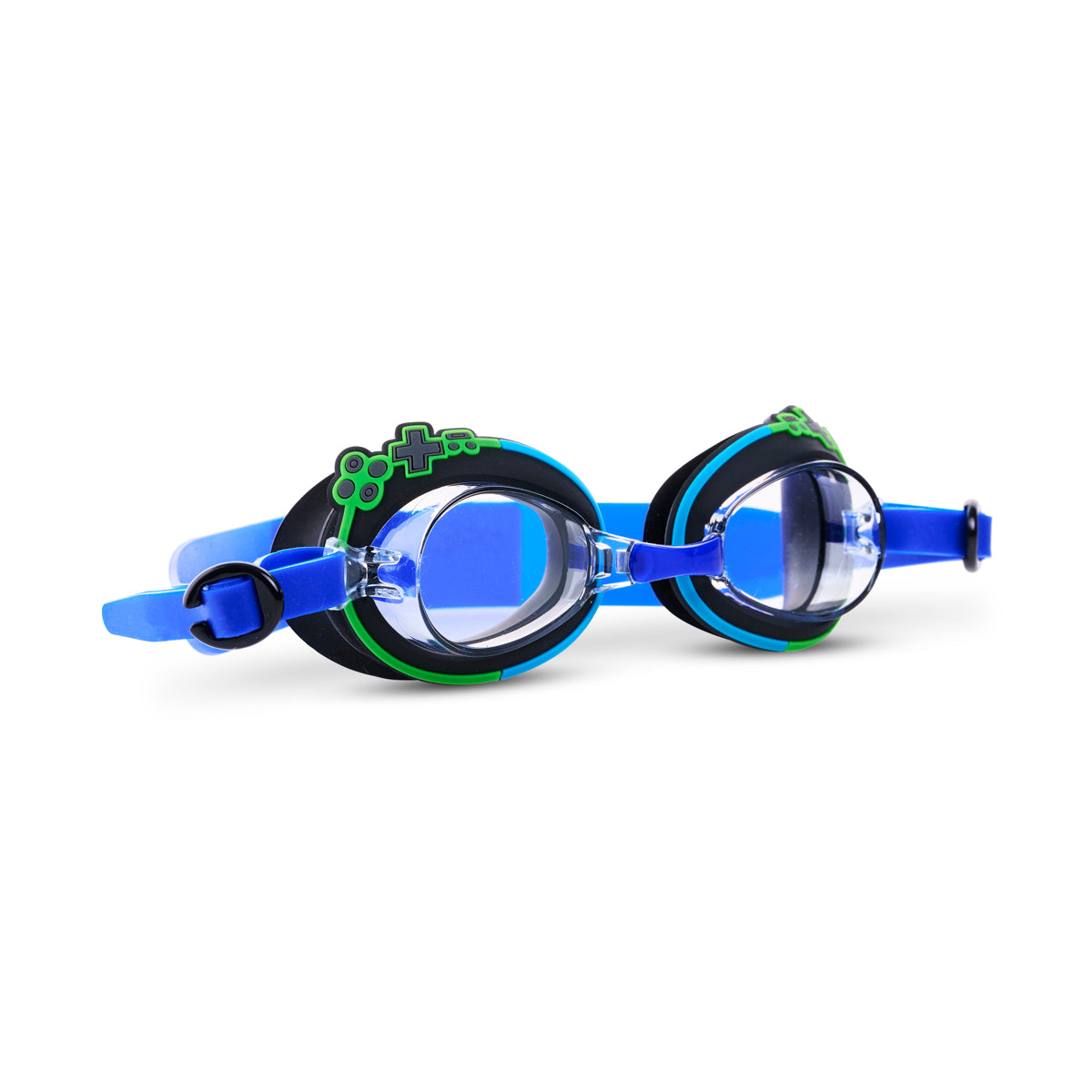 angled product shot of mini gamer kids' swim goggles showing a blue colorway swim goggle and gaming controller buttons wrapped around the frame with a lime green outline