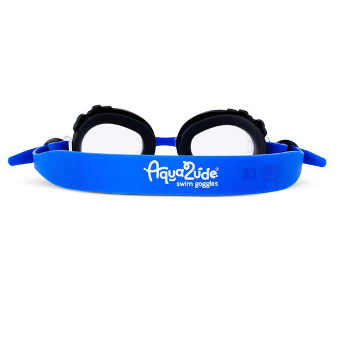 back product shot of mini gamer kids' swim goggles showing a blue colorway swim goggle and gaming controller buttons wrapped around the frame with a lime green outline