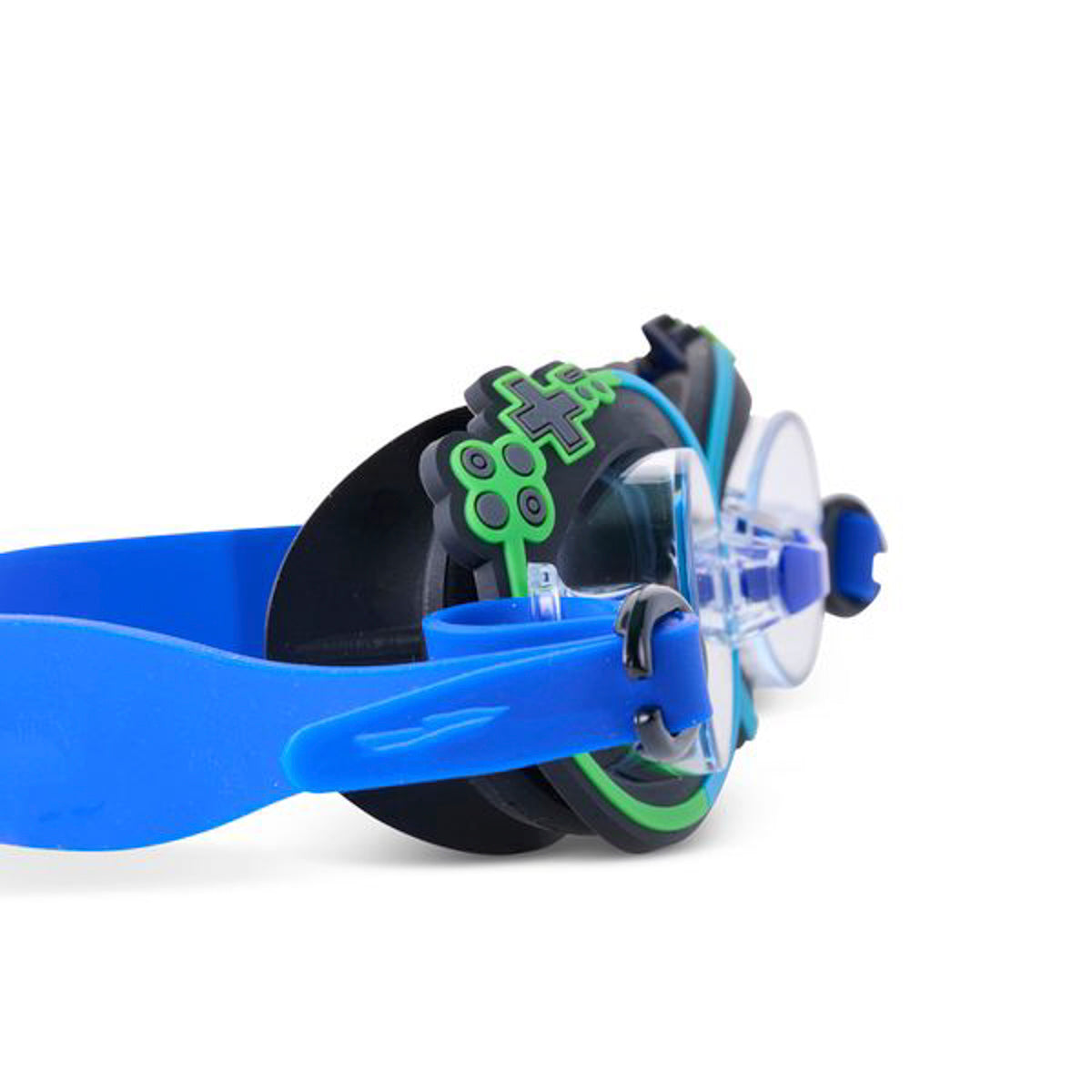 close up angled product shot of mini gamer kids' swim goggles showing a blue colorway swim goggle and gaming controller buttons wrapped around the frame with a lime green outline
