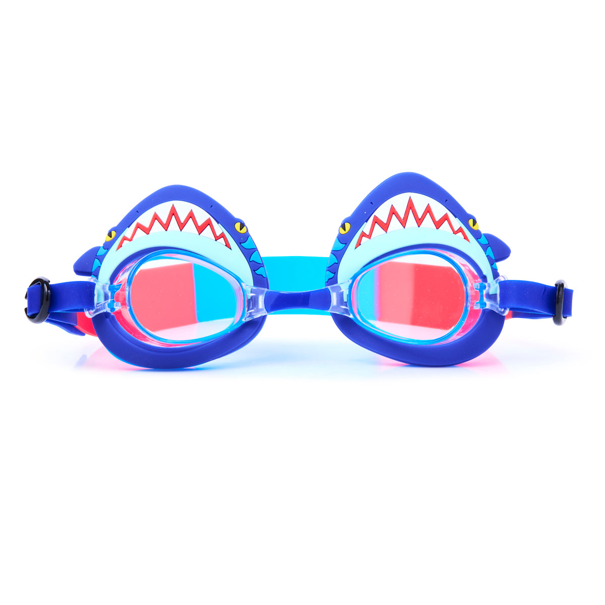 front angled product shot of mini mako shark kids swim goggles featuring a blue swim goggle with a silicone shark wrapping around the top of the lenses with a blue nose piece and blue strap