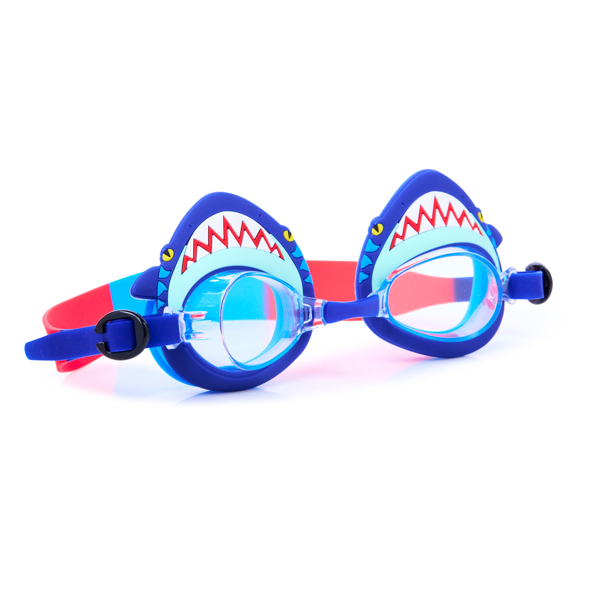 angled product shot of mini mako shark kids swim goggles featuring a blue swim goggle with a silicone shark wrapping around the top of the lenses with a blue nose piece and blue strap