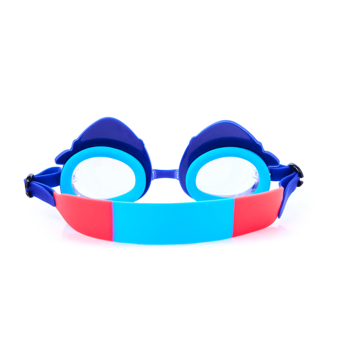 back angled product shot of mini mako shark kids swim goggles featuring a blue swim goggle with a blue and red strap