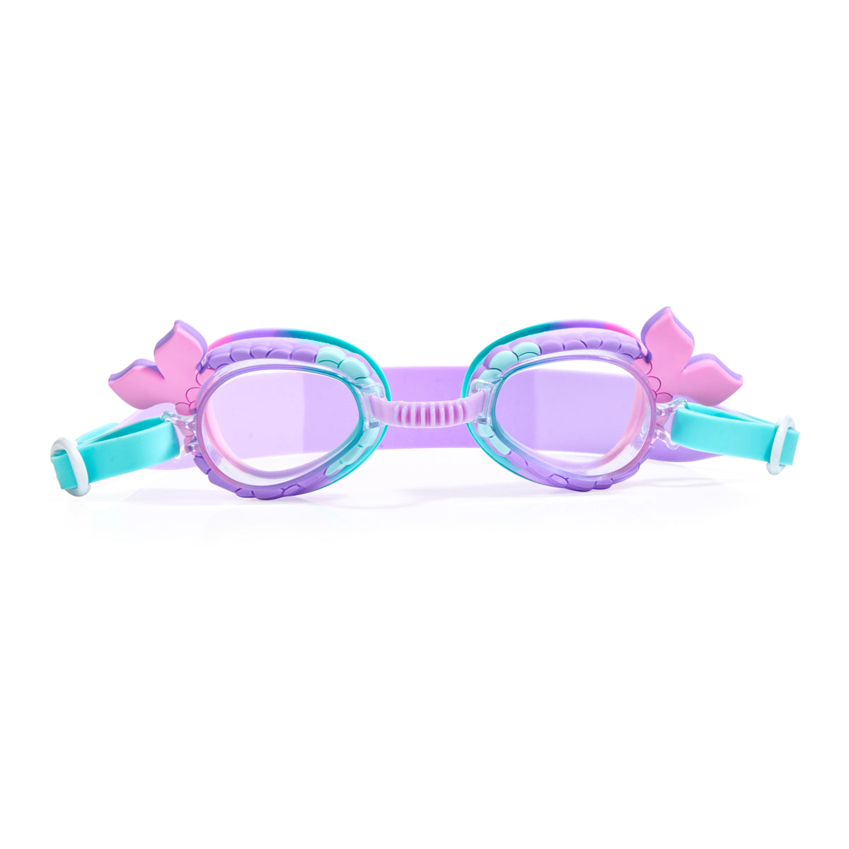 front angled mini mermaid kids swim goggles which feature a mermaid tail inspired texture around the frame with a silicone mermaid tail coming off the side of the lens and a purple/turquoise colorway