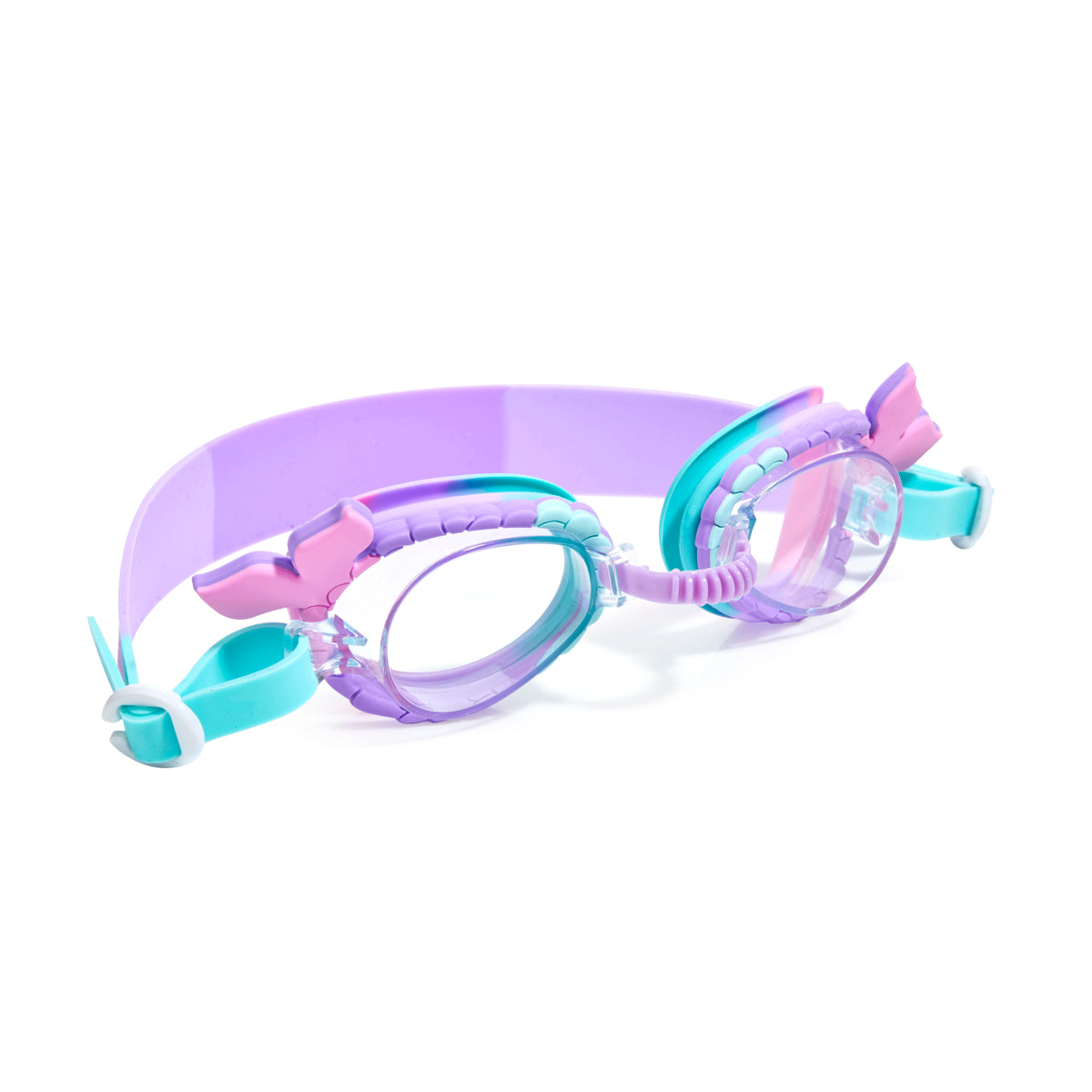 angled mini mermaid kids swim goggles which feature a mermaid tail inspired texture around the frame with a silicone mermaid tail coming off the side of the lens and a purple/turquoise colorway
