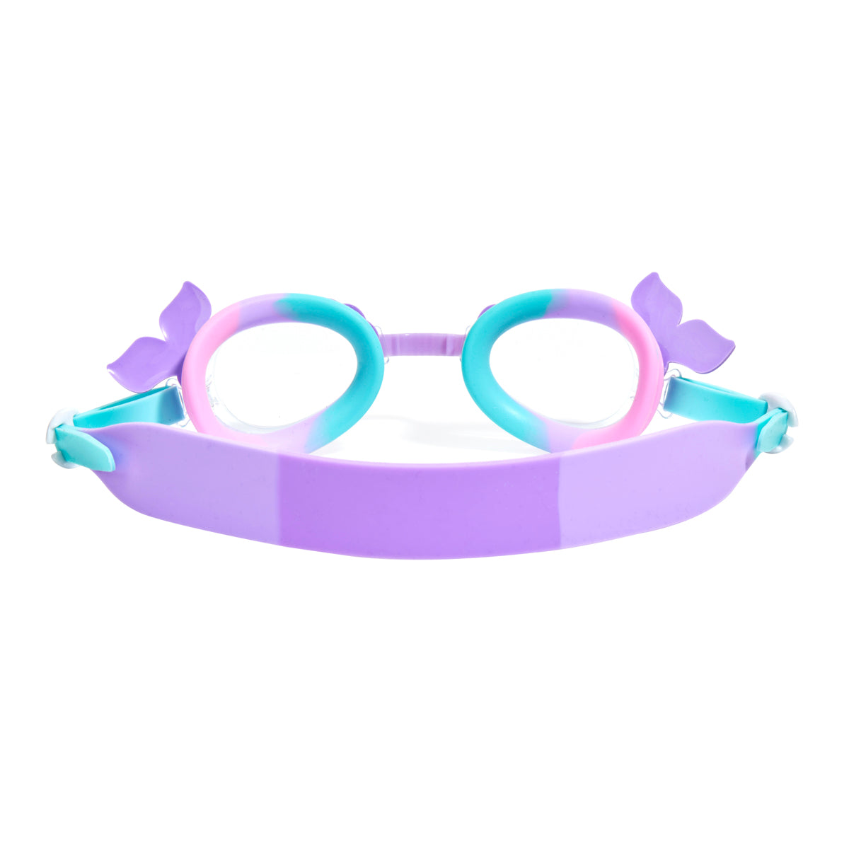 back angle of mini mermaid kids swim goggles featuring swirled colors of turquoise, purple and pink on the gasket and turquoise and purple on the strap