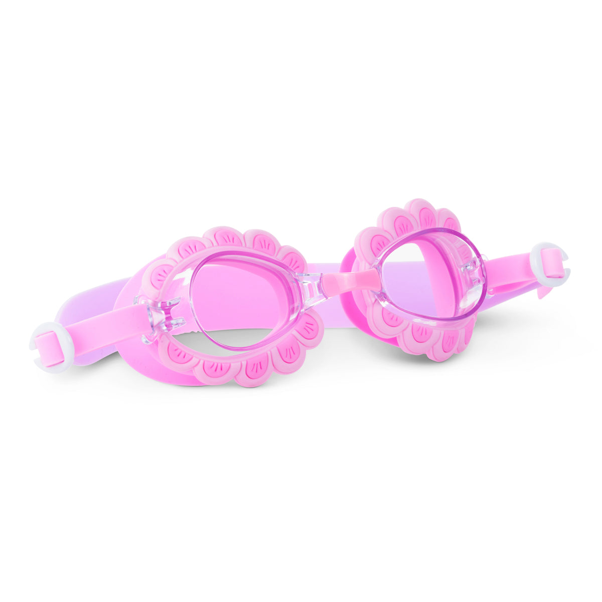 angled product shot of mini pink petals kids swim goggles featuring a pink swim goggle with pink petals wrapped around the lenses with a pink strap and nose piece