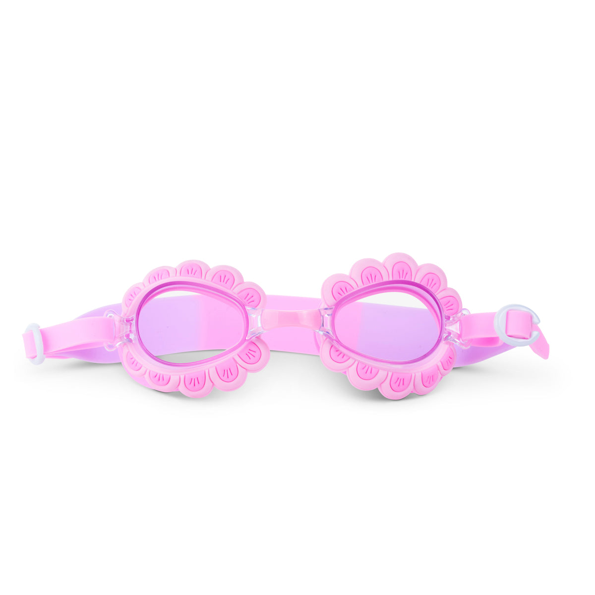 front angled product shot of mini pink petals kids swim goggles featuring a pink swim goggle with pink petals wrapped around the lenses with a pink strap and nose piece