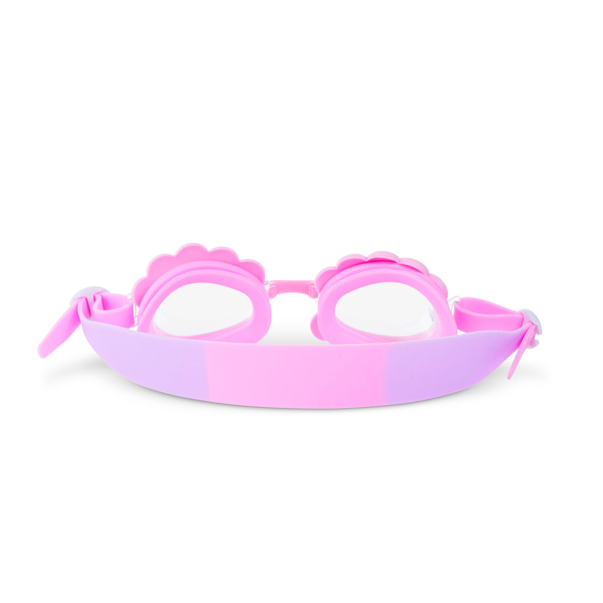 back angled product shot of mini pink petals kids swim goggles featuring a pink swim goggle with pink petals wrapped around the lenses with a pink and purple strap and nose piece