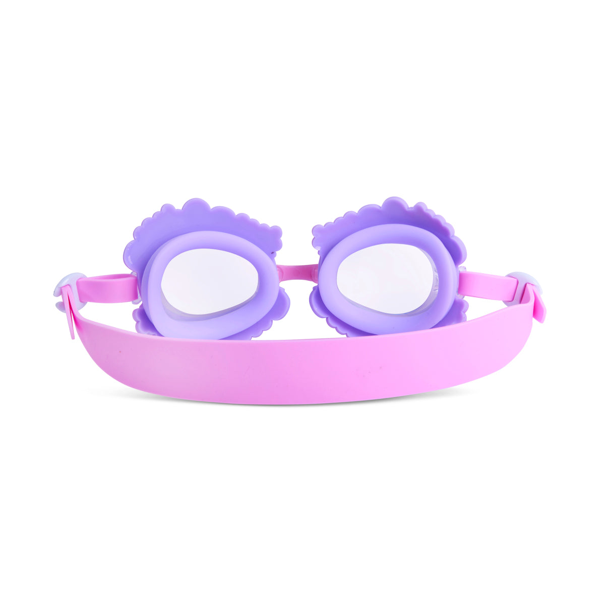 back angled product shot featuring a purple goggle and pink strap with silicone smiley faces and charms wrapping around the lenses