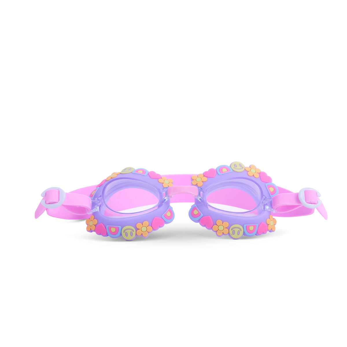 front angled product shot featuring a purple goggle and pink strap with silicone smiley faces and charms wrapping around the lenses