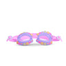 front angled product shot featuring a purple goggle and pink strap with silicone smiley faces and charms wrapping around the lenses