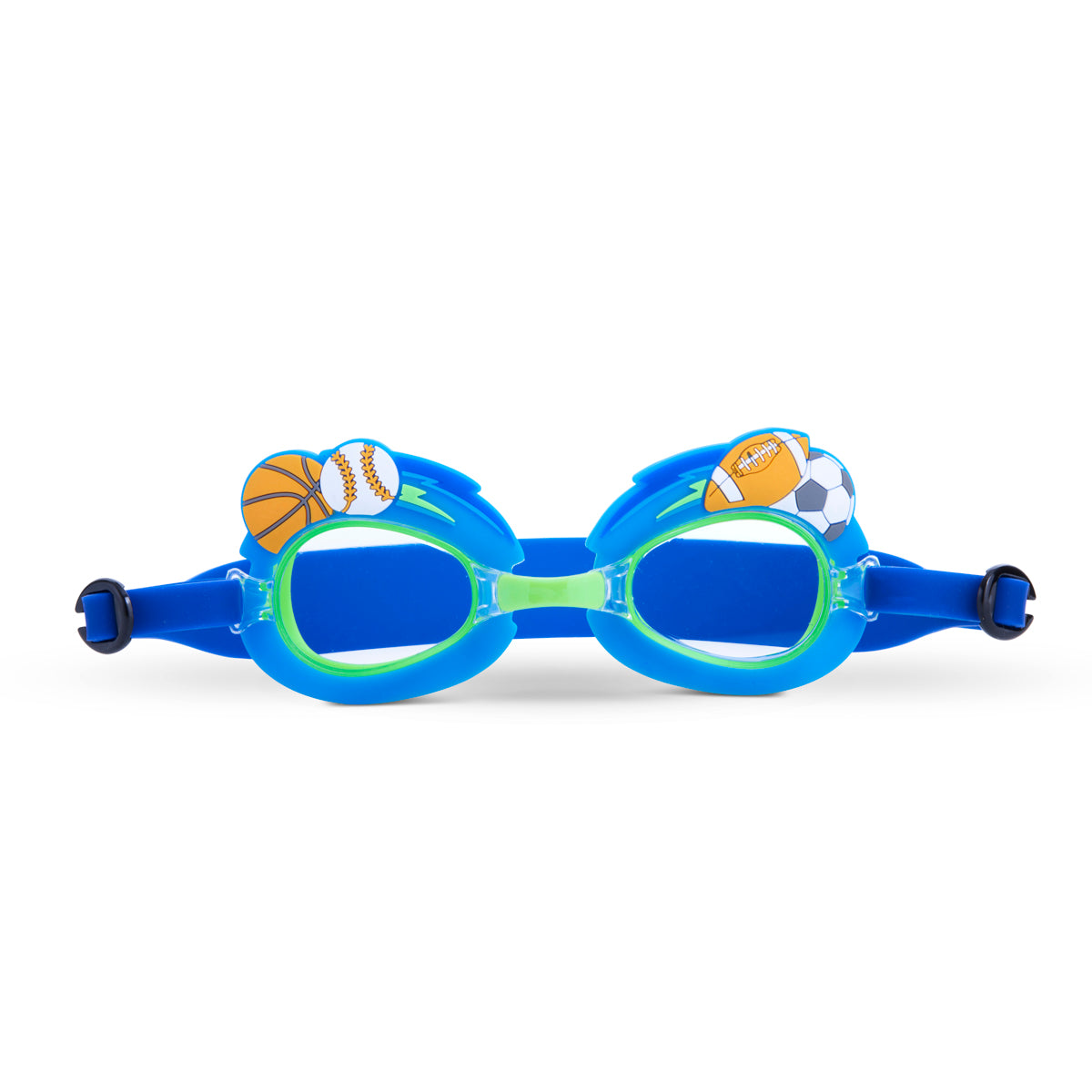 front angled product shot of mini sports fan kids swim goggles featuring a blue swim goggle with silicone basketball, baseball, football and soccer ball wrapped around the top of the lenses and a bright green nose piece