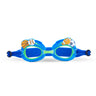 front angled product shot of mini sports fan kids swim goggles featuring a blue swim goggle with silicone basketball, baseball, football and soccer ball wrapped around the top of the lenses and a bright green nose piece