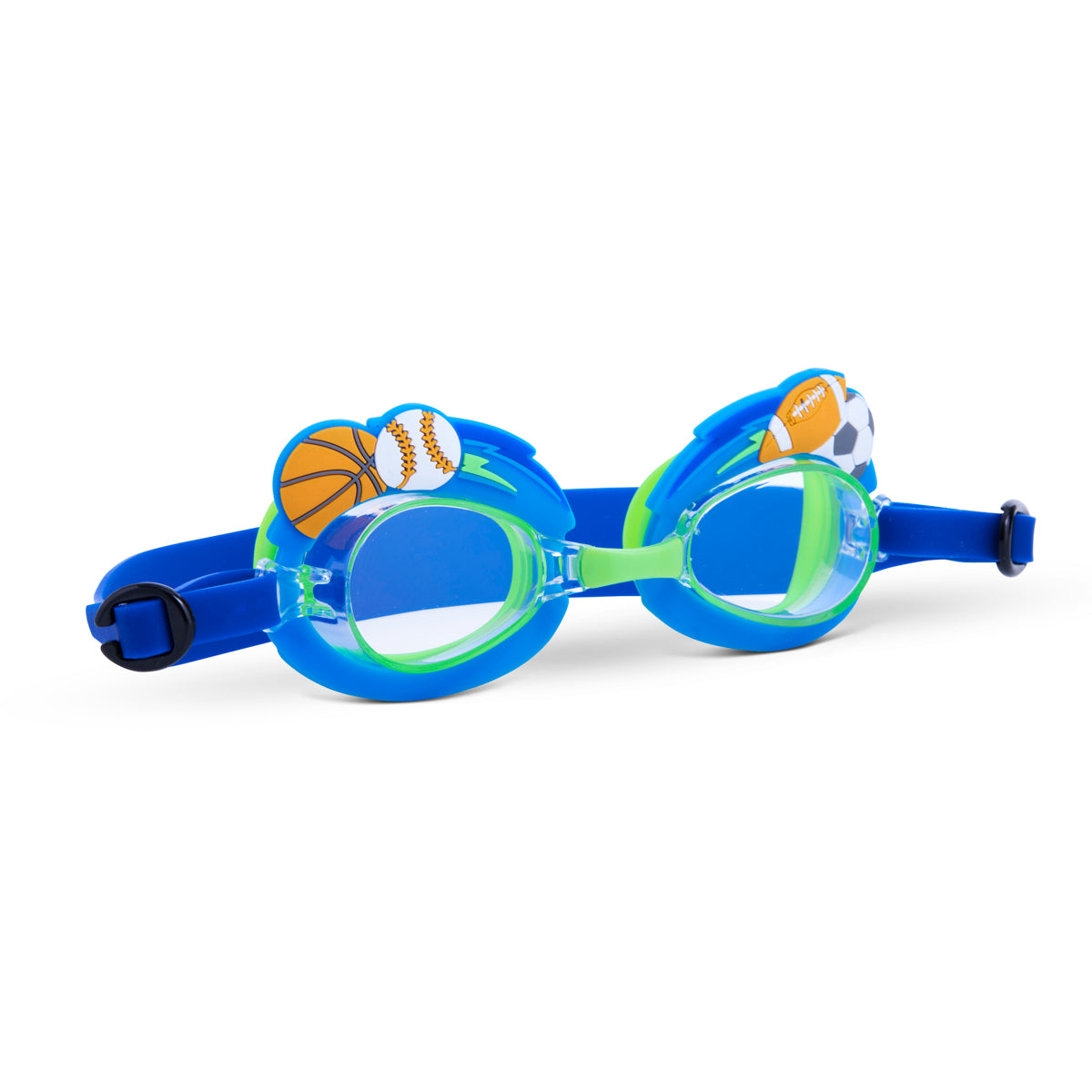 angled product shot of mini sports fan kids swim goggles featuring a blue swim goggle with silicone basketball, baseball, football and soccer ball wrapped around the top of the lenses and a bright green nose piece