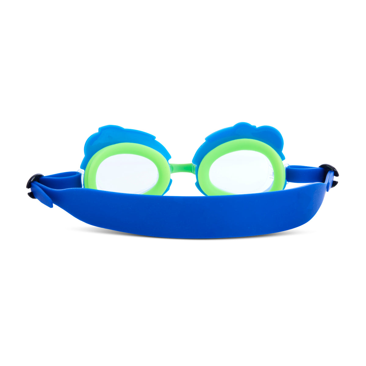 back angled product shot of mini sports fan kids swim goggles featuring a blue swim goggle with a deep blue strap and bright green gasket and nose piece