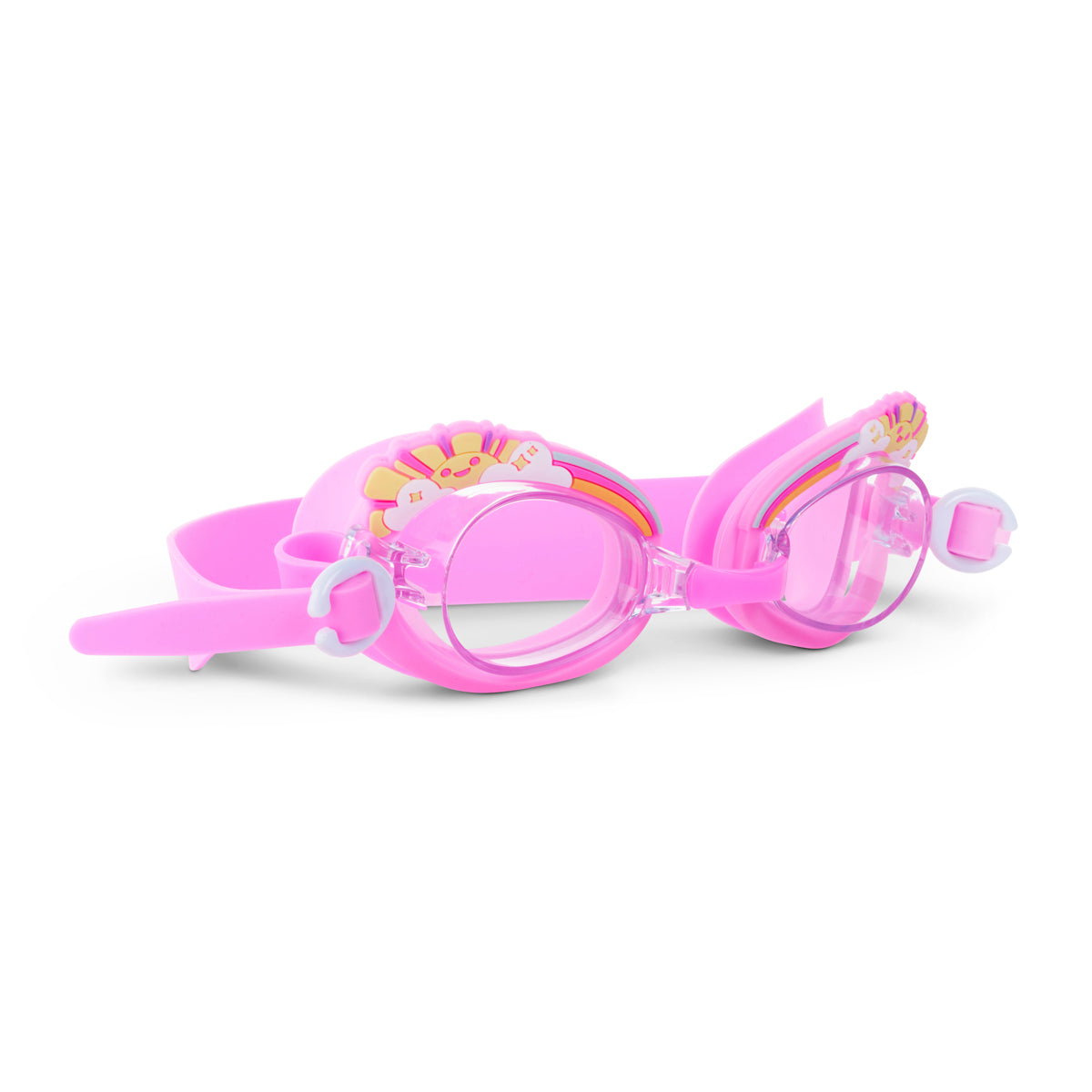 angled product shot of mini pink sunshine kids swim goggles which feature a pink swim goggle with a silicone sunshine, clouds, and rainbow silicone decoration above the lens