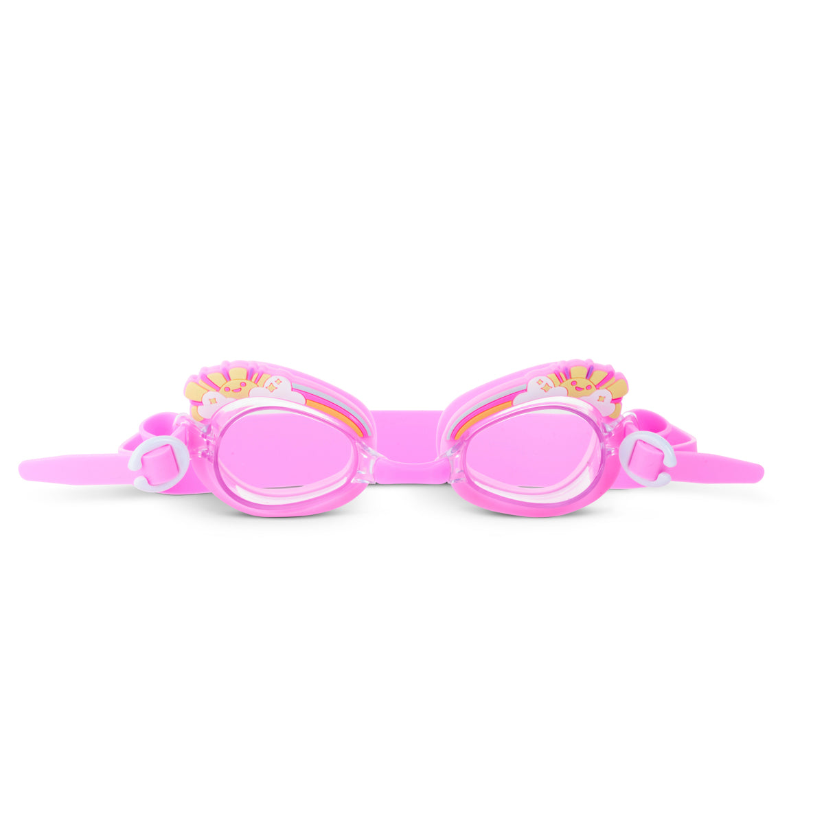 front angled product shot of mini pink sunshine kids swim goggles which feature a pink swim goggle with a silicone sunshine, clouds, and rainbow silicone decoration above the lens