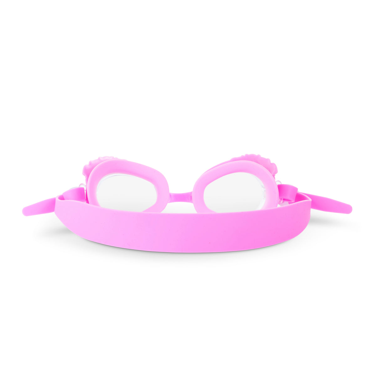 back angled product shot of mini pink sunshine kids swim goggles which feature a pink swim goggle and pink strap