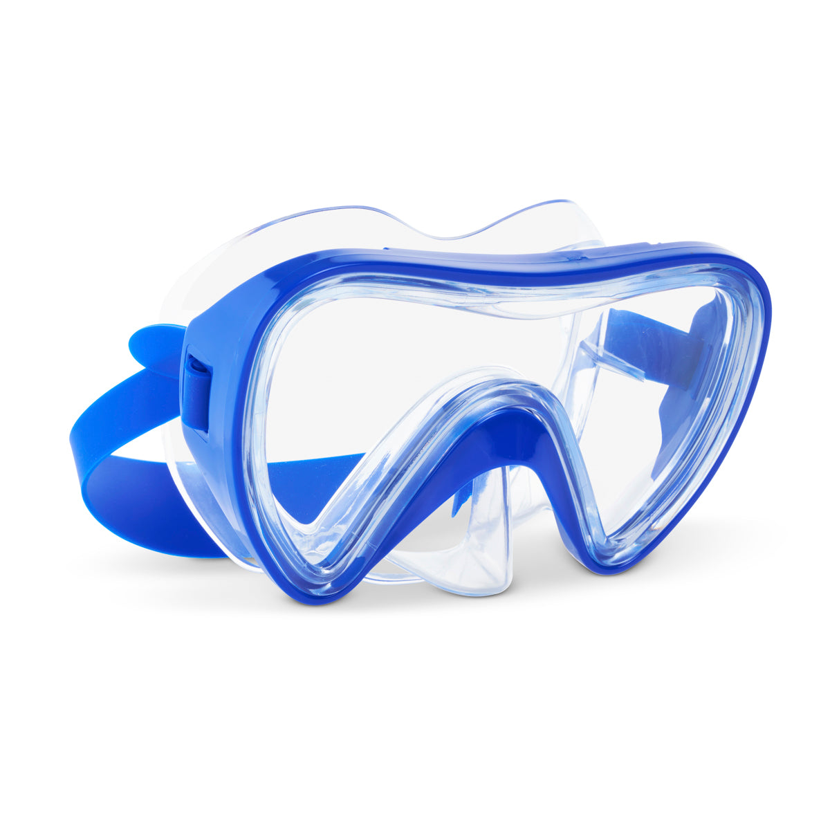 angled product shot of splash in color blue kids swim mask featuring a clear gasket and nose covering with a bright blue frame and strap